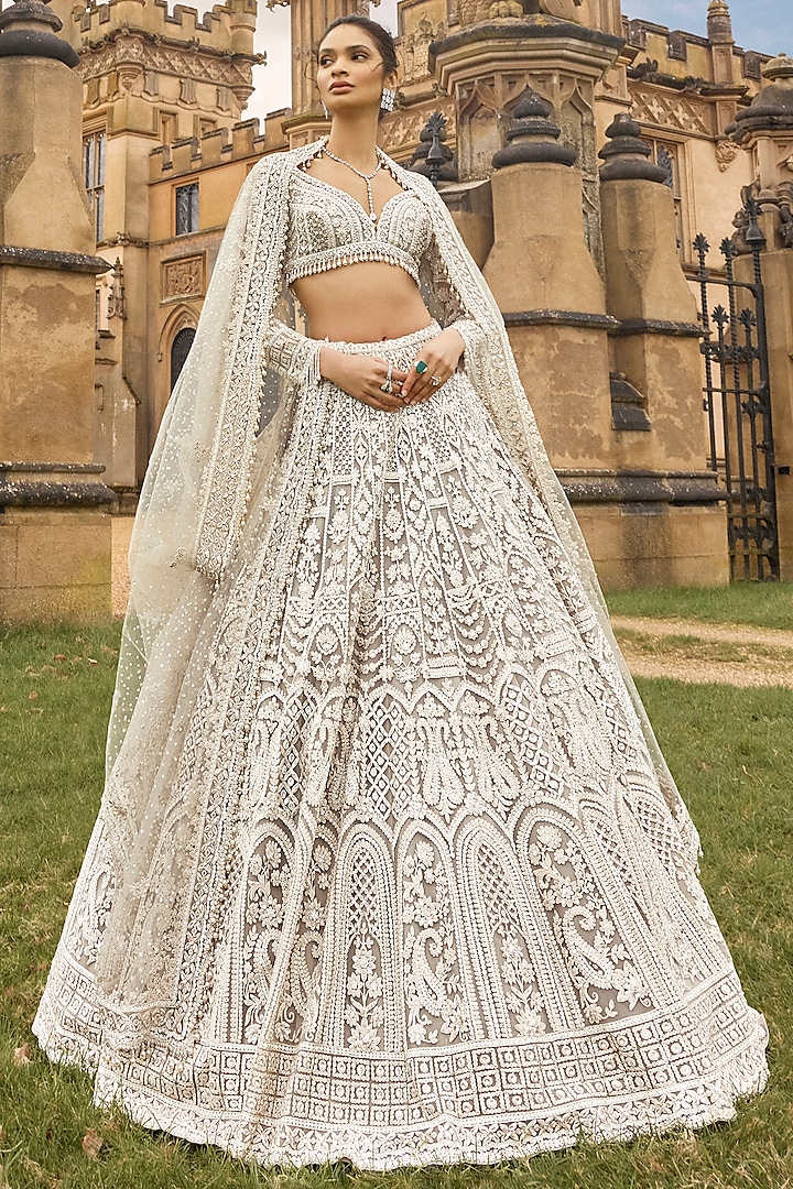 Nude Net Sequins & Pearl Embroidered Bridal Lehenga Set by Seema Gujral at Pernia's Pop Up Shop