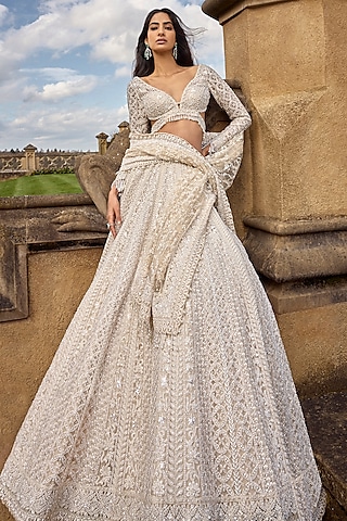 Ivory Net Sequins & Pearl Embroidered Lehenga Set by Seema Gujral