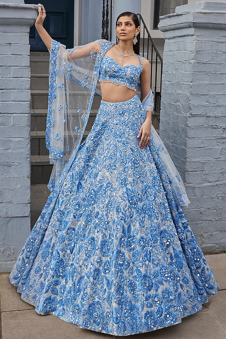 Powder Blue Net Crystal & Pearl Embroidered Bridal Lehenga Set by Seema Gujral at Pernia's Pop Up Shop