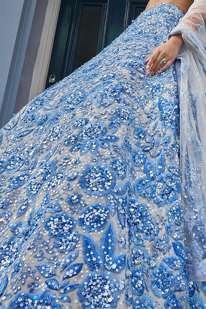 Powder Blue Net Crystal & Pearl Embroidered Bridal Lehenga Set by Seema Gujral at Pernia's Pop Up Shop