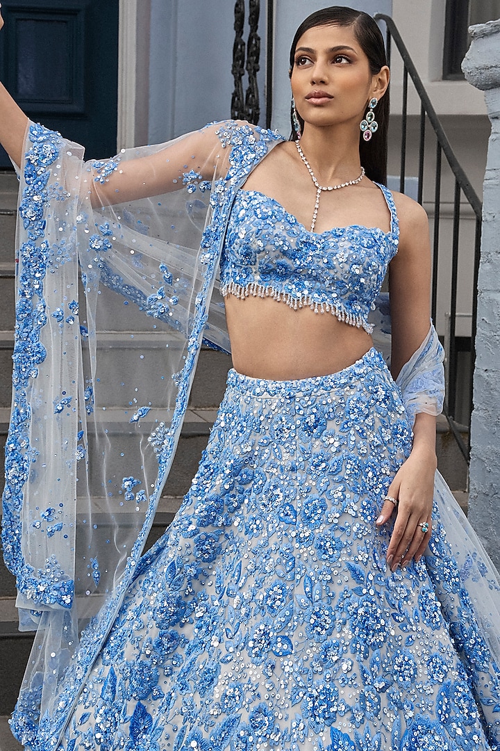 Powder Blue Net Crystal & Pearl Embroidered Bridal Lehenga Set by Seema Gujral at Pernia's Pop Up Shop