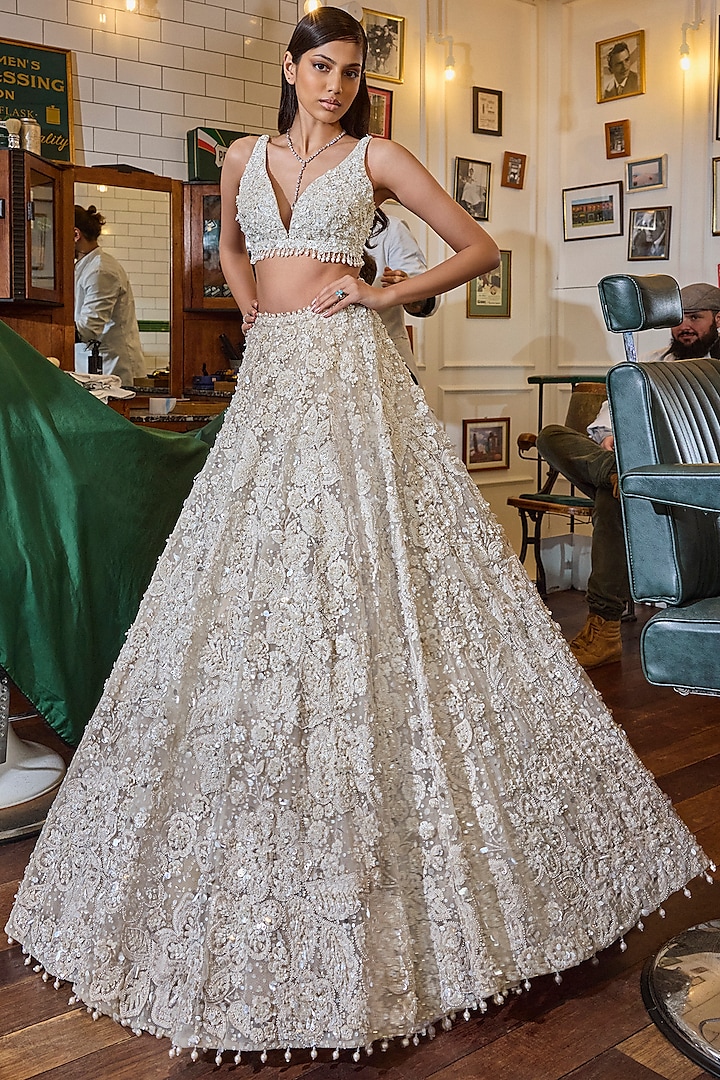 Ivory Net Pearl & Sequins Embroidered Bridal Lehenga Set by Seema Gujral at Pernia's Pop Up Shop