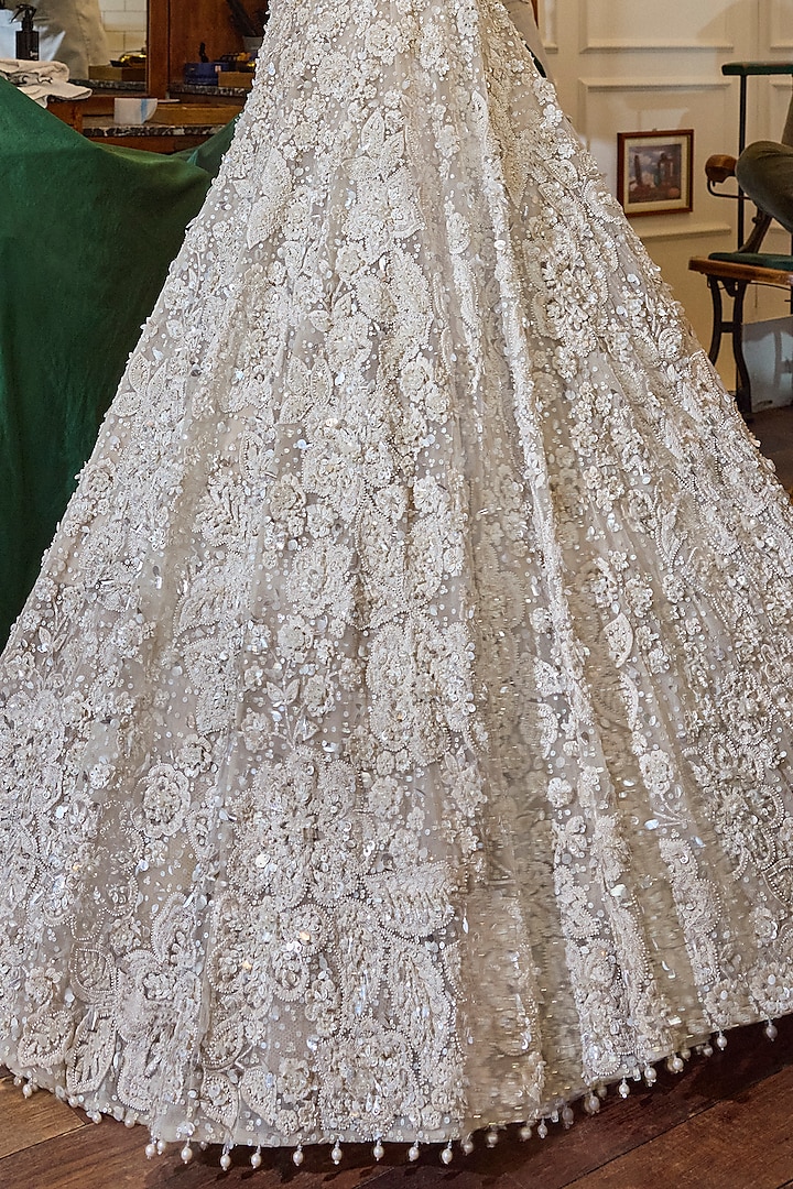 Ivory Net Pearl & Sequins Embroidered Bridal Lehenga Set by Seema Gujral at Pernia's Pop Up Shop