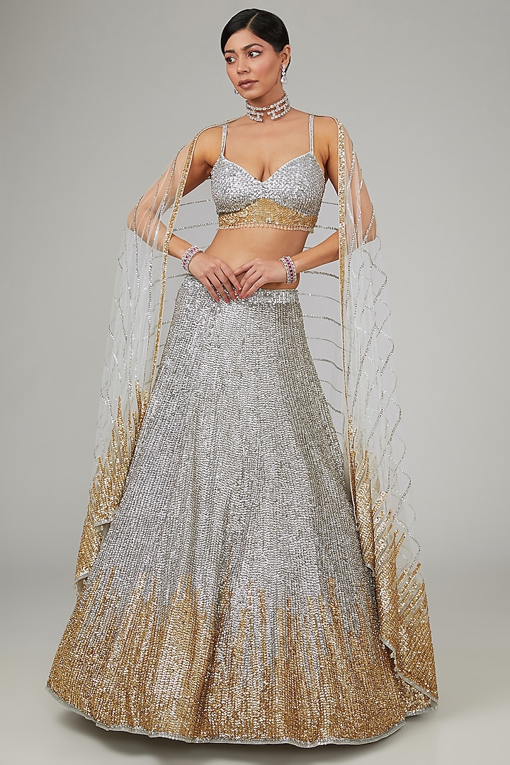 Silver Net Sequins Embroidered Lehenga Set by Seema Gujral