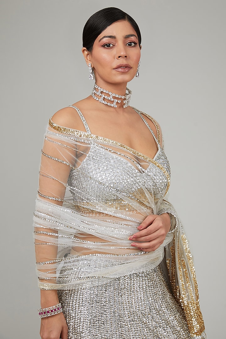 Silver Net Sequins Embroidered Bridal Lehenga Set by Seema Gujral at Pernia's Pop Up Shop