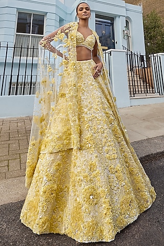 Yellow Net Crystal & Pearl Embroidered Lehenga Set by Seema Gujral
