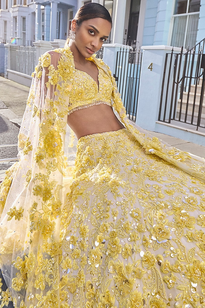 Yellow Net Crystal & Pearl Embroidered Bridal Lehenga Set by Seema Gujral at Pernia's Pop Up Shop