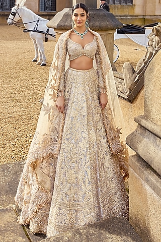 Rose Gold Net Metallic & Crystal Work Lehenga Set by Seema Gujral