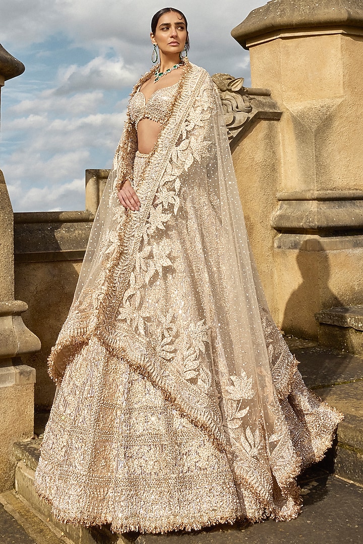 Rose Gold Net Metallic & Crystal Work Bridal Lehenga Set by Seema Gujral at Pernia's Pop Up Shop