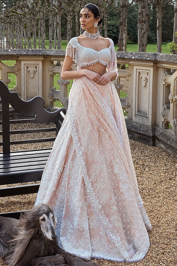 Powder Peach Raw Silk Pearl Embroidered Bridal Lehenga Set by Seema Gujral at Pernia's Pop Up Shop
