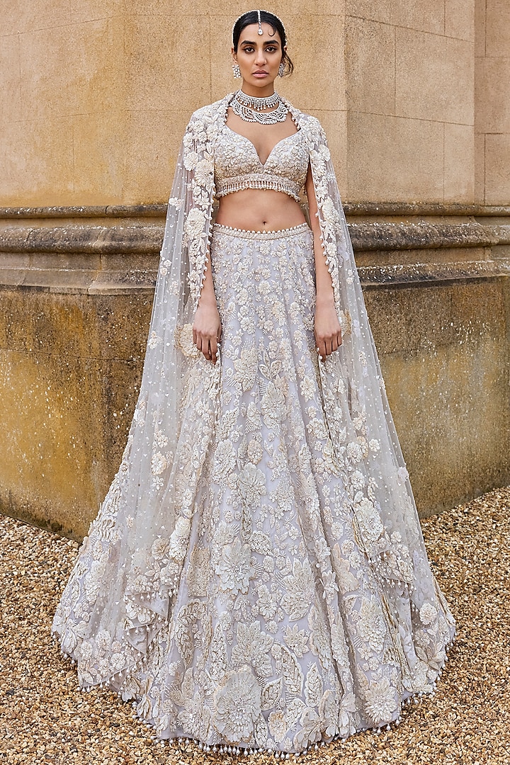 Ivory Net Sequins & Pearl Embroidered Bridal Lehenga Set by Seema Gujral at Pernia's Pop Up Shop