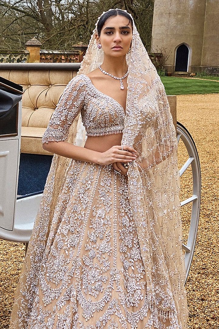 Nude Net Sequins & Crystal Embroidered Bridal Lehenga Set by Seema Gujral at Pernia's Pop Up Shop