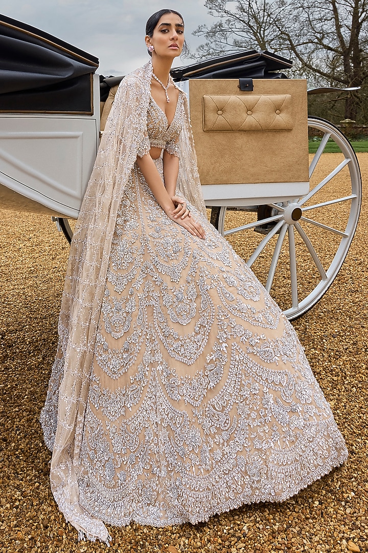 Nude Net Sequins & Crystal Embroidered Bridal Lehenga Set by Seema Gujral at Pernia's Pop Up Shop