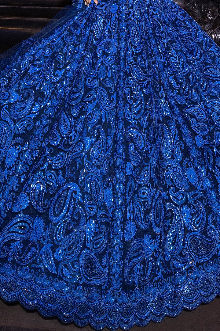 Blue Net Thread & Sequins Embroidered Bridal Lehenga Set by Seema Gujral at Pernia's Pop Up Shop