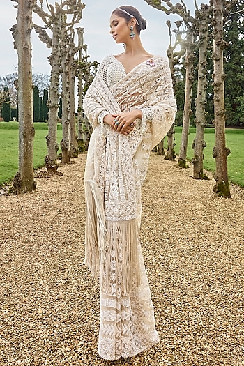 Nude Net Sequins & Pearl Embroidered Bridal Saree Set by Seema Gujral at Pernia's Pop Up Shop