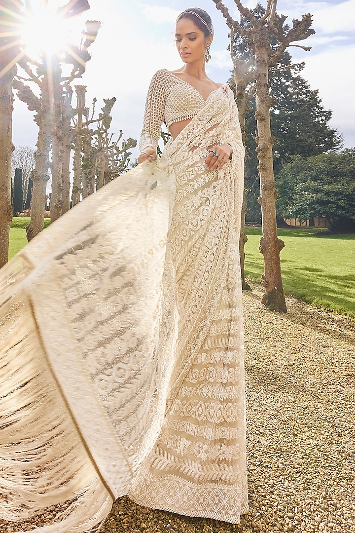 Nude Net Sequins & Pearl Embroidered Bridal Saree Set by Seema Gujral at Pernia's Pop Up Shop