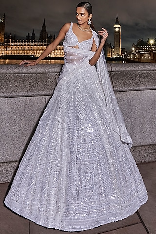 White Net Tonal Sequins Embroidered Lehenga Set by Seema Gujral