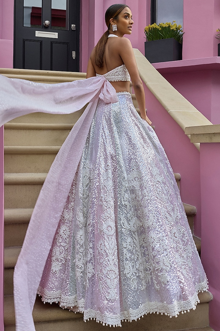 Peach Net Sequins & Dori Embroidered Bridal Lehenga Set by Seema Gujral at Pernia's Pop Up Shop