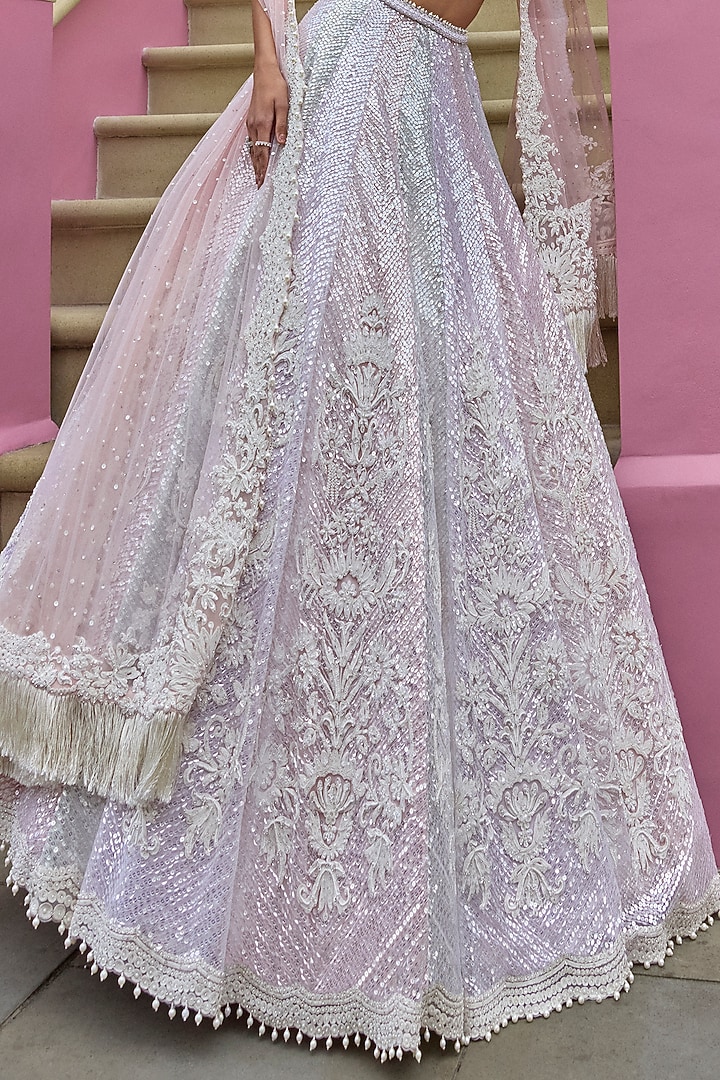 Peach Net Sequins & Dori Embroidered Bridal Lehenga Set by Seema Gujral at Pernia's Pop Up Shop