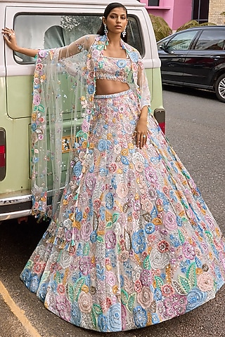 Ivory Net Floral Thread & Mirror Embroidered Lehenga Set by Seema Gujral