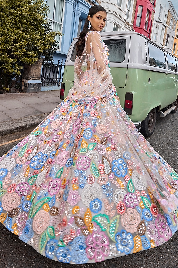 Ivory Net Floral Thread & Mirror Embroidered Bridal Lehenga Set by Seema Gujral at Pernia's Pop Up Shop