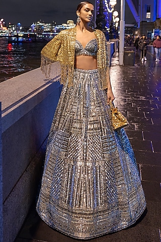 Antique Silver Net Sequins Embroidered Lehenga Set by Seema Gujral