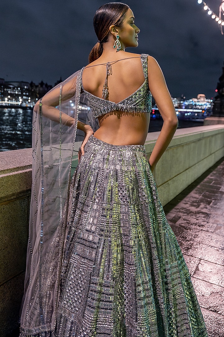 Antique Silver Net Sequins Embroidered Bridal Lehenga Set by Seema Gujral at Pernia's Pop Up Shop