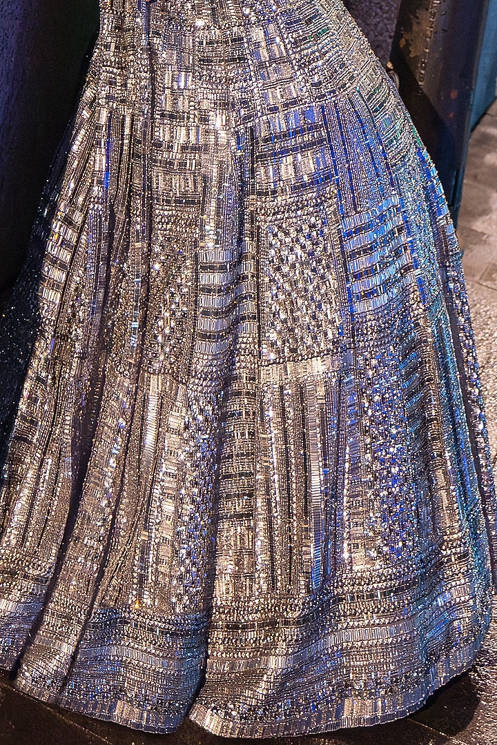 Antique Silver Net Sequins Embroidered Bridal Lehenga Set by Seema Gujral at Pernia's Pop Up Shop