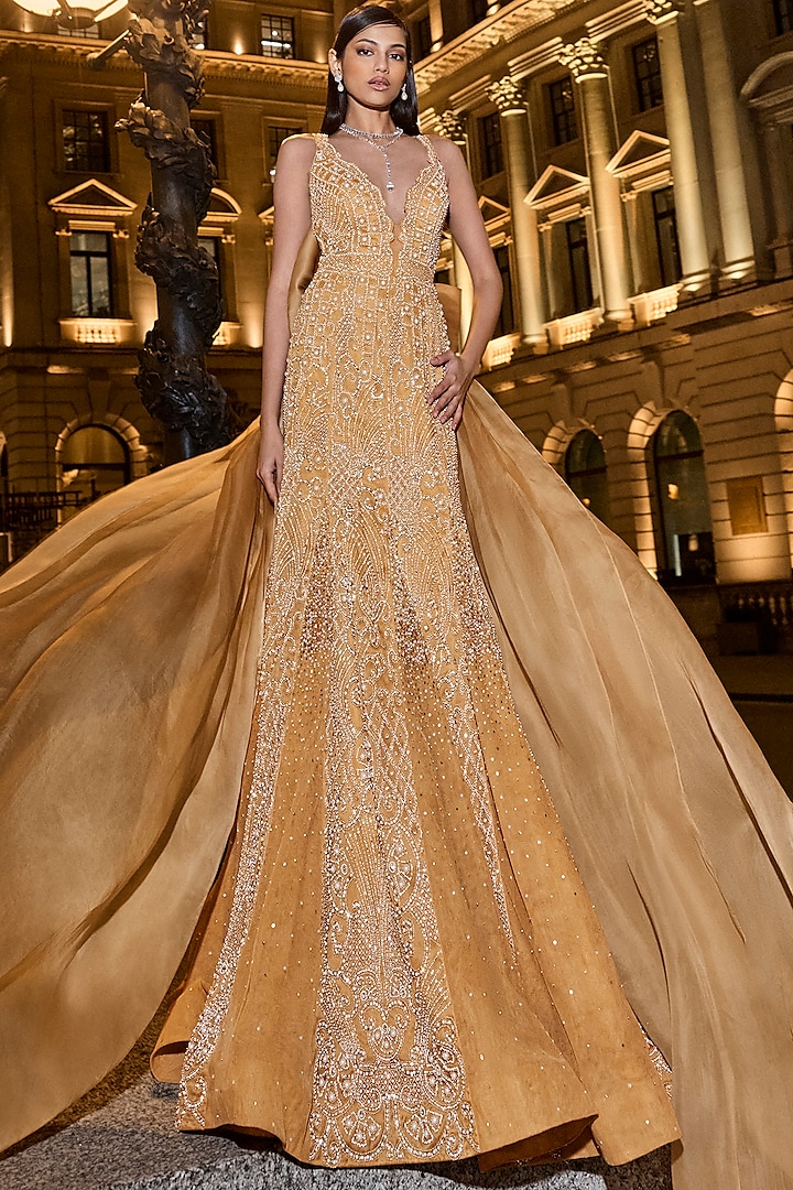 Golden Net Pearl Embroidered Gown by Seema Gujral