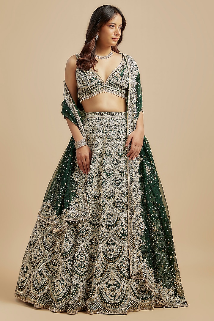 Green Raw Silk Sequins Embroidered Lehenga Set by Seema Gujral