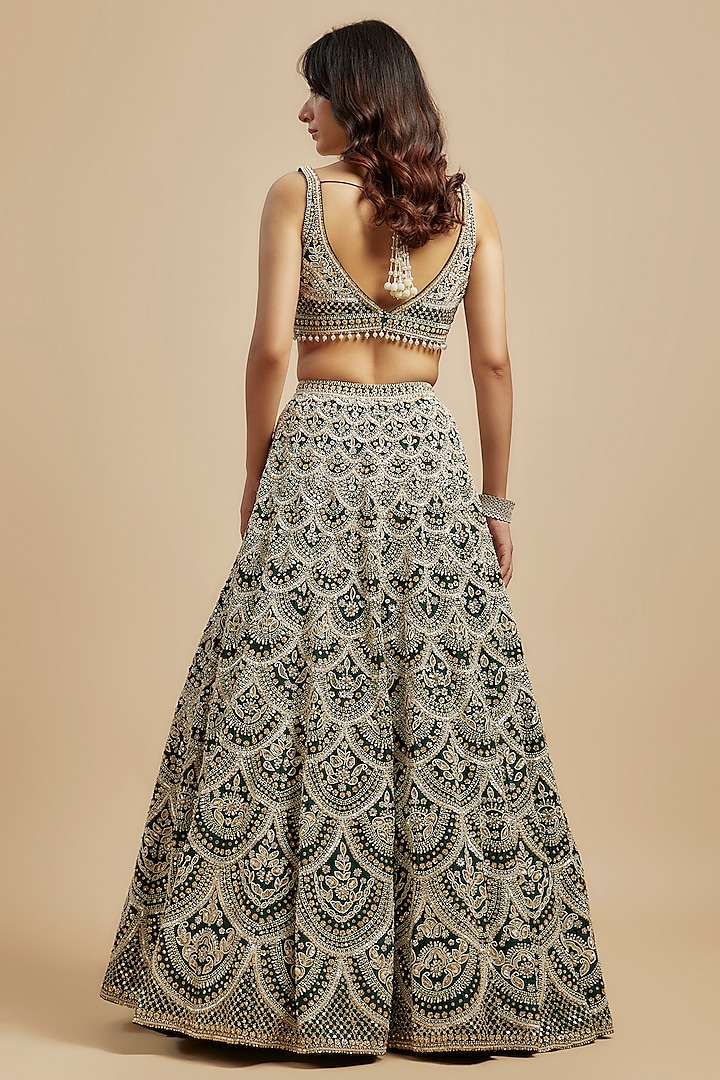 Green Raw Silk Sequins Embroidered Bridal Lehenga Set by Seema Gujral at Pernia's Pop Up Shop