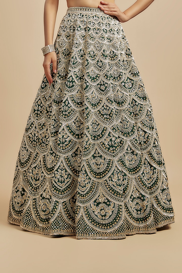Green Raw Silk Sequins Embroidered Bridal Lehenga Set by Seema Gujral at Pernia's Pop Up Shop