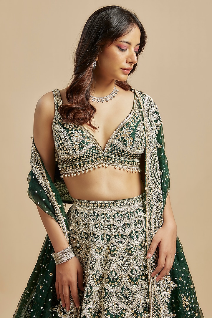 Green Raw Silk Sequins Embroidered Bridal Lehenga Set by Seema Gujral at Pernia's Pop Up Shop