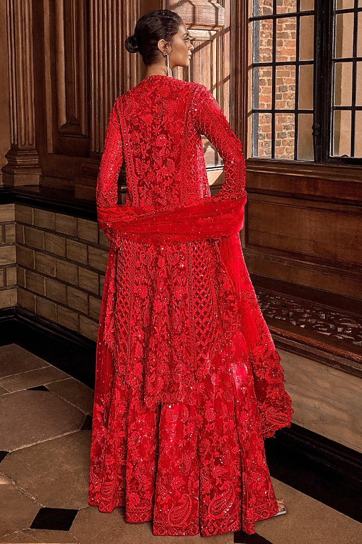 Red Net Embroidered Bridal Sharara Set by Seema Gujral at Pernia's Pop Up Shop