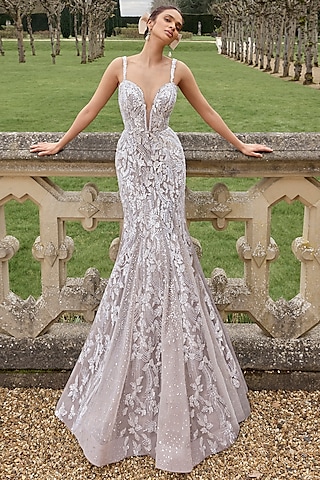 Nude Net Sequins Embroidered Gown by Seema Gujral