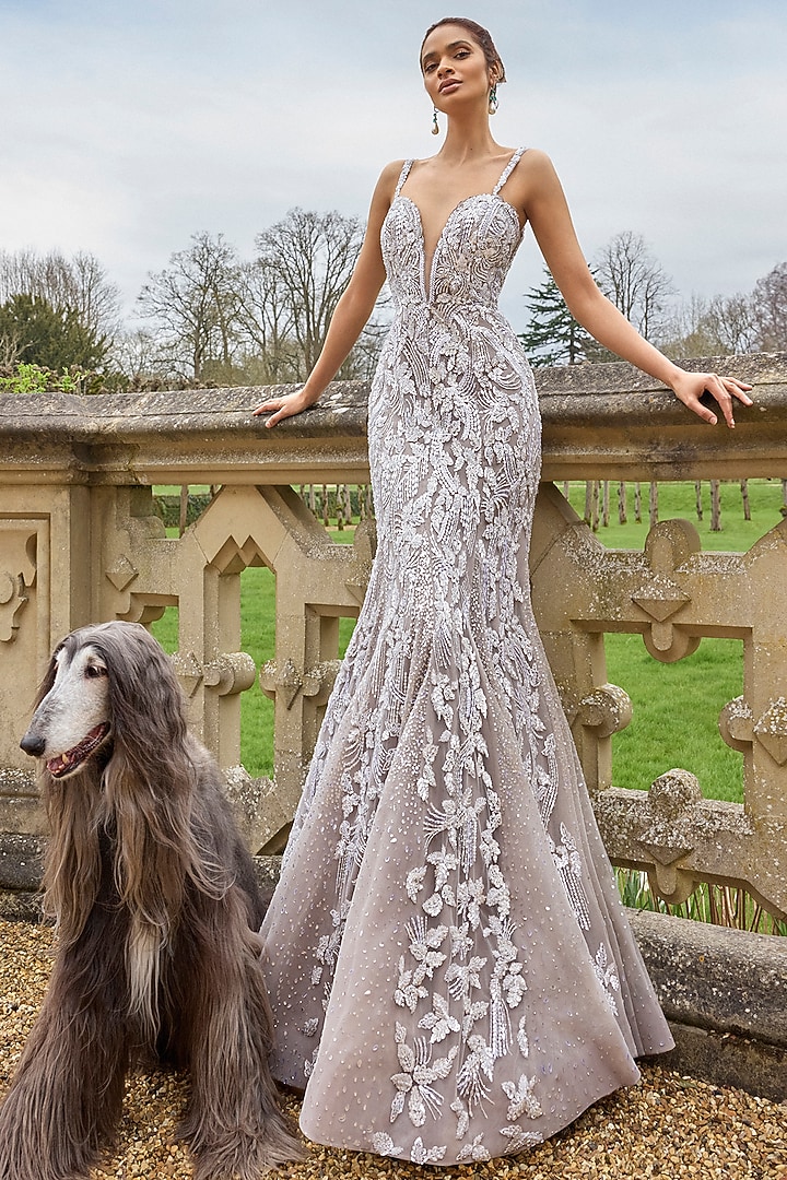 Nude Net Sequins Embroidered Bridal Gown by Seema Gujral at Pernia's Pop Up Shop