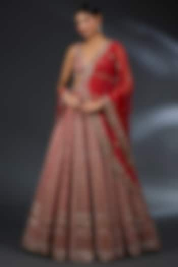 Red Raw Silk Pearl & Sequins Embroidered Bridal Lehenga Set by Seema Gujral at Pernia's Pop Up Shop