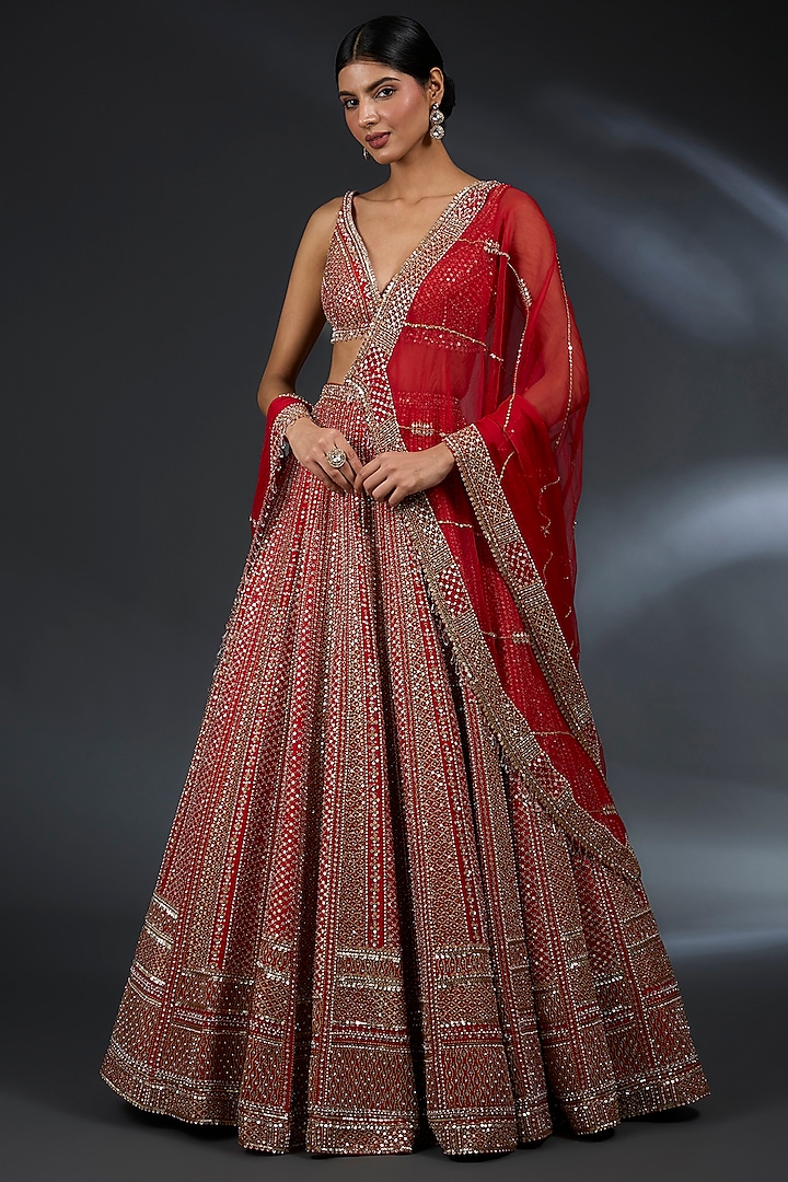 Red Raw Silk Pearl & Sequins Embroidered Bridal Lehenga Set by Seema Gujral at Pernia's Pop Up Shop