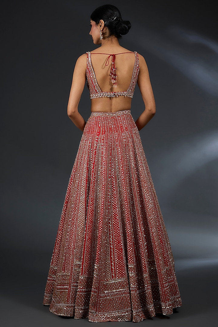 Red Raw Silk Pearl & Sequins Embroidered Bridal Lehenga Set by Seema Gujral at Pernia's Pop Up Shop