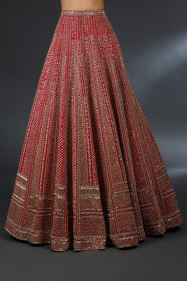 Red Raw Silk Pearl & Sequins Embroidered Bridal Lehenga Set by Seema Gujral at Pernia's Pop Up Shop