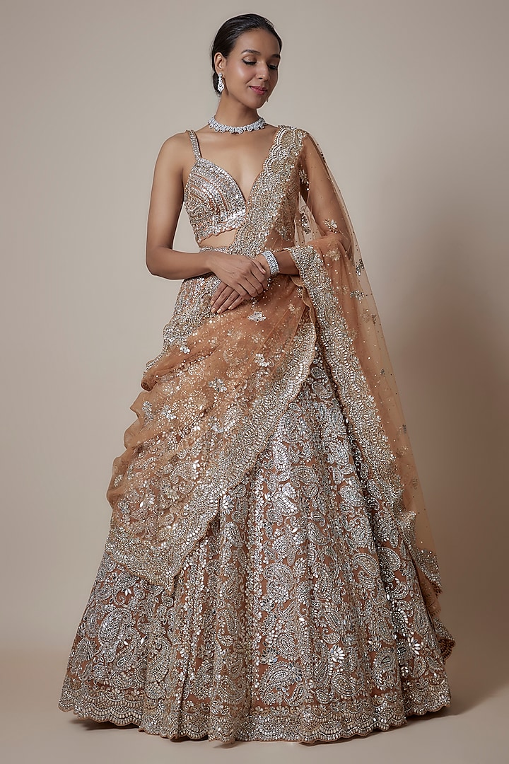 Rust Net Mirror & Sequins Embroidered Bridal Lehenga Set by Seema Gujral at Pernia's Pop Up Shop