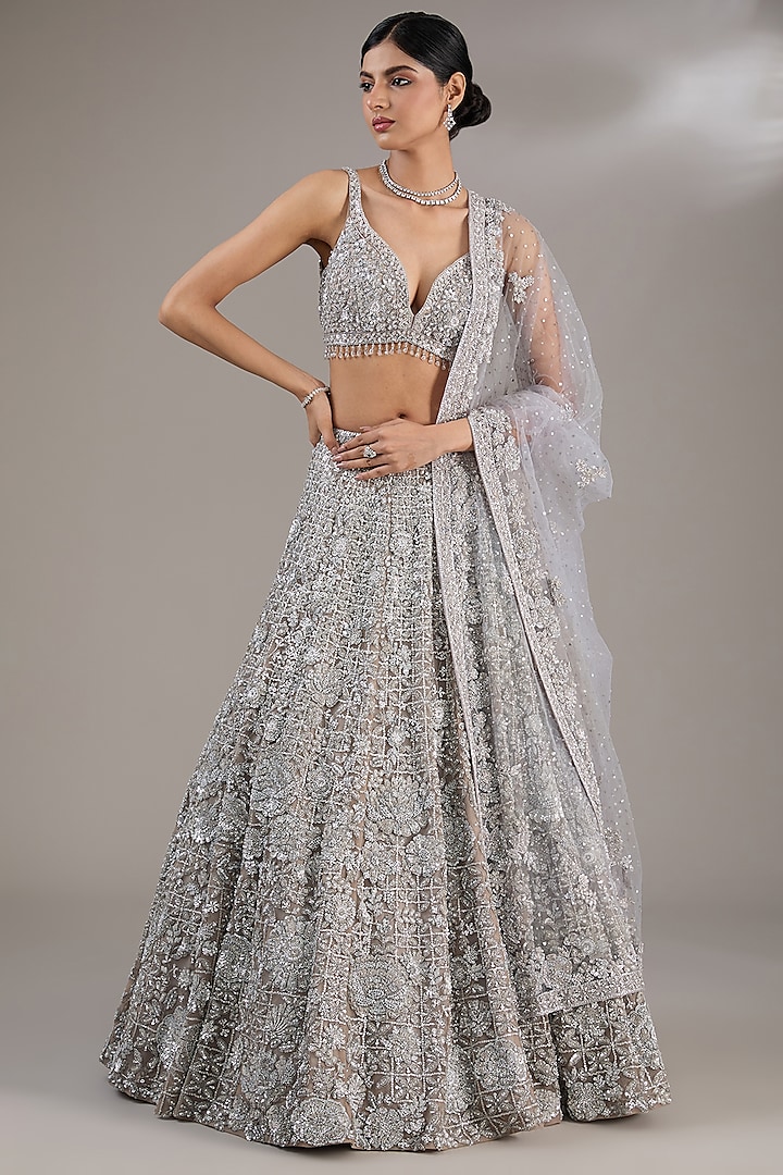 Silver Net Sequins Embroidered Bridal Lehenga Set by Seema Gujral at Pernia's Pop Up Shop