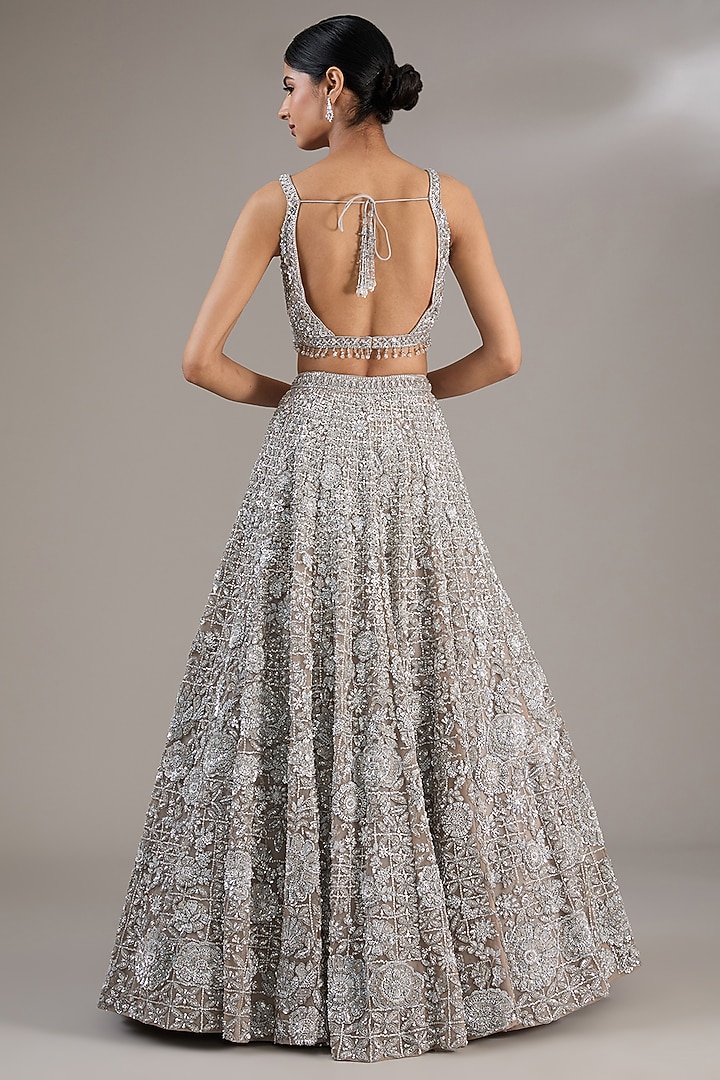 Silver Net Sequins Embroidered Bridal Lehenga Set by Seema Gujral at Pernia's Pop Up Shop