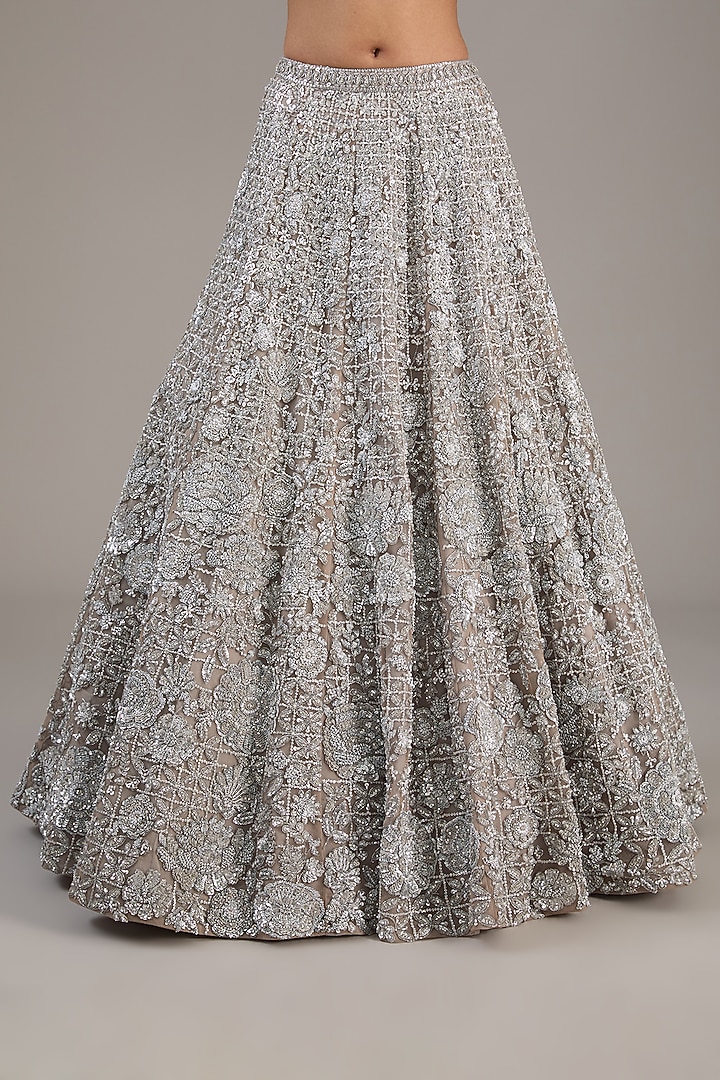 Silver Net Sequins Embroidered Bridal Lehenga Set by Seema Gujral at Pernia's Pop Up Shop