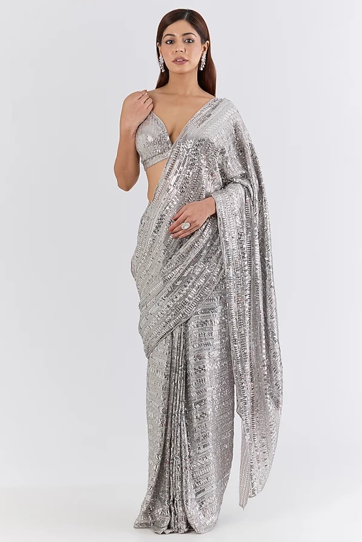 Silver Georgette Sequin Embroidered Pre-Draped Reception Saree Set by Seema Gujral at Pernia's Pop Up Shop