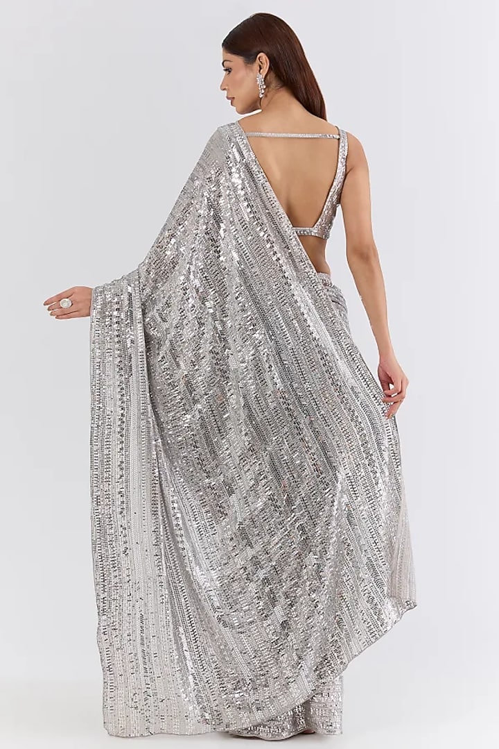 Silver Georgette Sequin Embroidered Pre-Draped Reception Saree Set by Seema Gujral at Pernia's Pop Up Shop