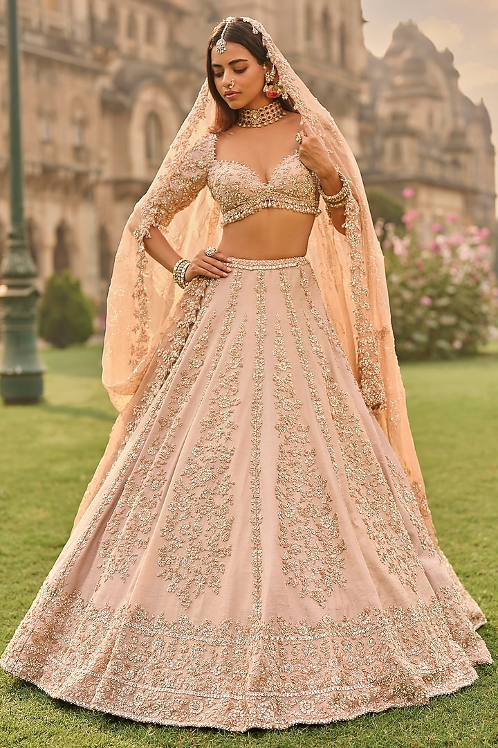 Rose Gold Tissue Silk Sequins Embroidered Bridal Lehenga Set by Seema Gujral at Pernia's Pop Up Shop