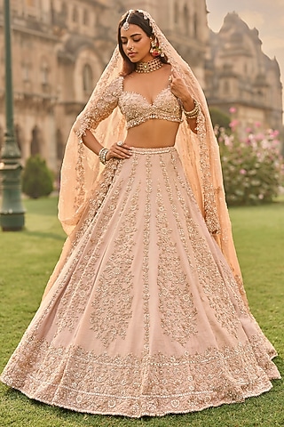 Rose Gold Tissue Silk Sequins Embroidered Lehenga Set by Seema Gujral