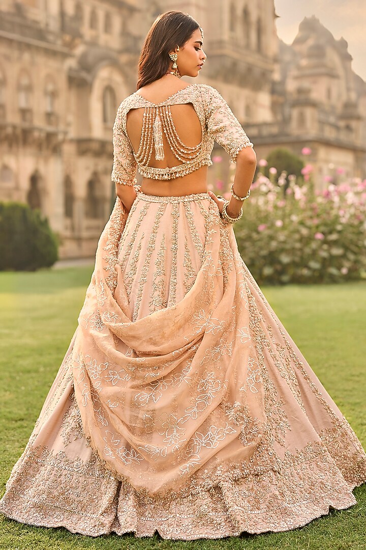 Rose Gold Tissue Silk Sequins Embroidered Bridal Lehenga Set by Seema Gujral at Pernia's Pop Up Shop