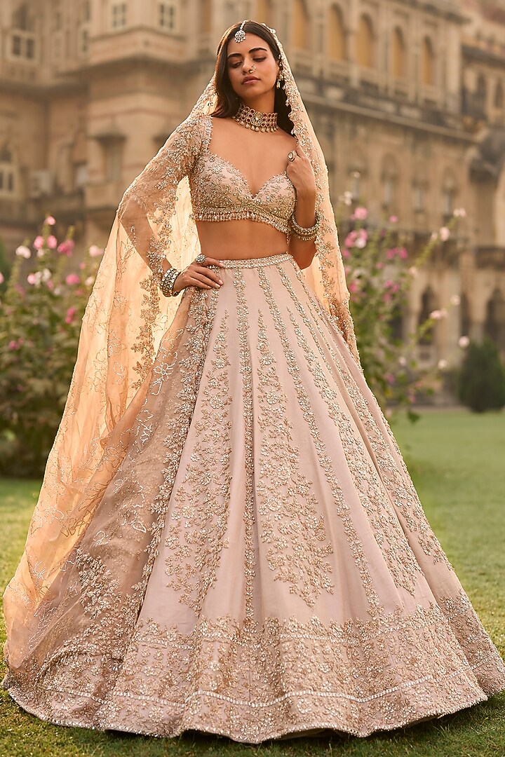 Rose Gold Tissue Silk Sequins Embroidered Bridal Lehenga Set by Seema Gujral at Pernia's Pop Up Shop